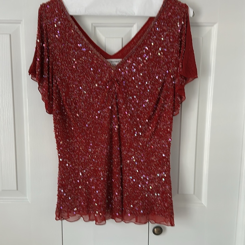 Vintage Papell Boutique Top 1X, Red Silk Embellished V Plunge, Flutter Sleeves - Picture 1 of 8
